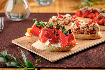 Closeup on set of assorted gourmet bruschettas