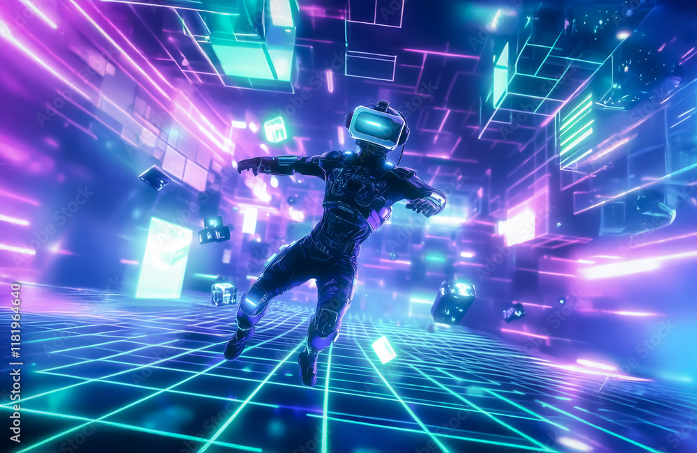 Poster an electrifying vr gaming arena with neon grids and floating cubes, where a fully suited player is i