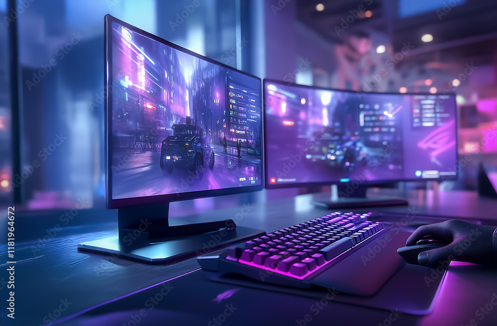 Poster a stylish gaming setup with dual curved monitors displaying a cyberpunk cityscape. vibrant rgb keybo