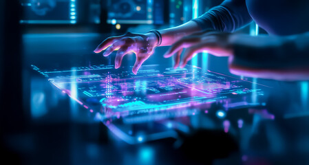 A futuristic workspace featuring a holographic interface with glowing blue and purple elements, showcasing advanced technology in a high-tech environment.