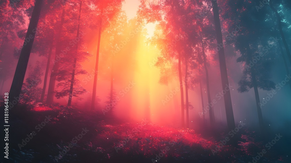 Poster enchanting autumnal forest scene enveloped in a hazy ethereal glow with warm color gradients and lig