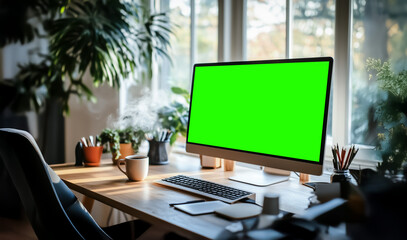 Fototapeta premium An elegant home office setup with a sleek desk, a monitor with a green screen, surrounded by greenery and bathed in warm morning sunlight.