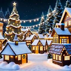 Enchanting Christmas Village Night Scene Illuminated Houses