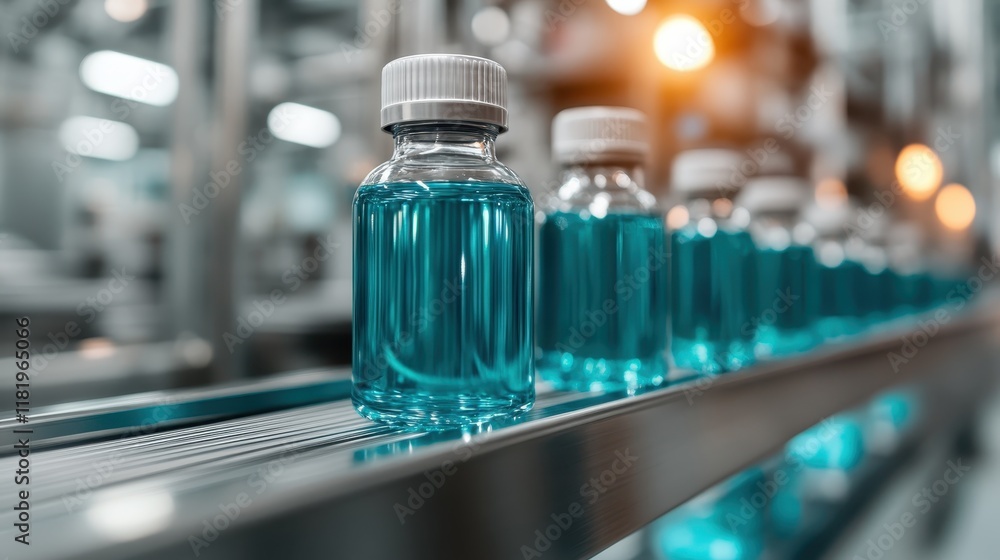 Poster this image features a line of vivid blue vials filled with liquid, representing a modern production 