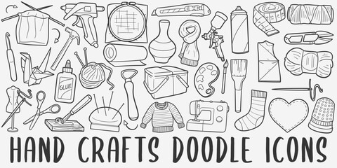 Handcrafts Doodle Icons. Hand Made Line Art. Crafting Tools Clipart Logotype Symbol Design.