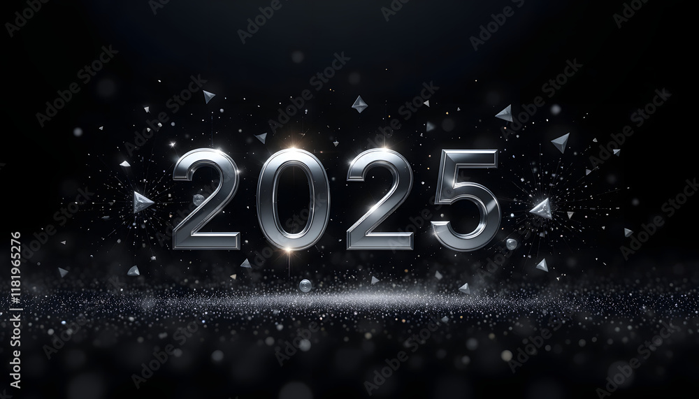 Poster 2025 new year metallic digits on dark background with sparkle.