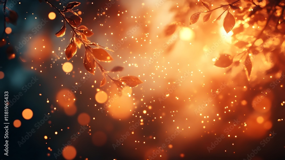 Poster warm and hazy autumn foliage with glowing light soft bokeh and a moody cinematic atmosphere