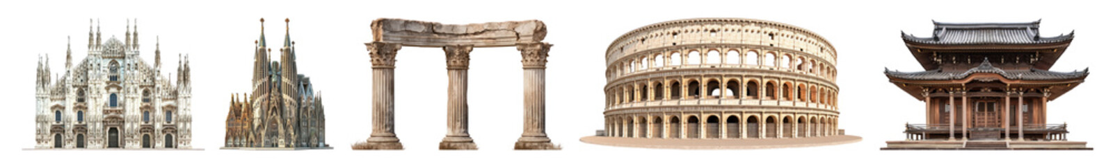 Obraz premium PNG Iconic global architectural landmarks, isolated element set, transparent background