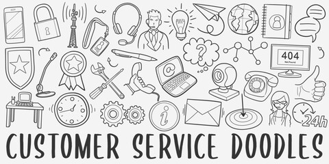 Customer Service Doodle Icons. Hand Made Line Art. Support Clipart Logotype Symbol Design.