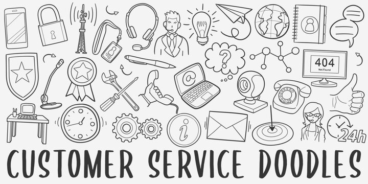 Customer Service Doodle Icons. Hand Made Line Art. Support Clipart Logotype Symbol Design.