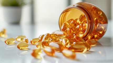 Orange Gel Capsules Spilled from Bottle on Table