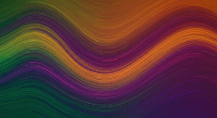 Obraz premium Abstract Wavy Lines: A mesmerizing abstract background with flowing waves of vibrant green, orange, purple, and deep purple. The dynamic strokes create a sense of movement and depth. 