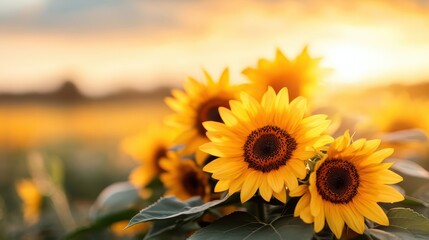 Obraz premium A stunning cluster of vibrant sunflowers glows beautifully during the golden hour, symbolizing joy and positivity in nature with a warm, sunlit background.