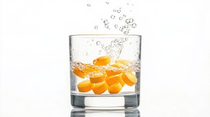 Vibrant Yellow Pills Splashing into Clear Water