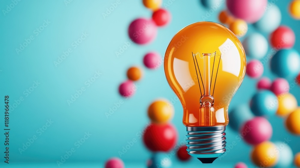 Poster a bright orange light bulb stands out against a backdrop filled with colorful spheres, creating a dy