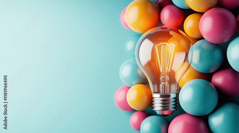 Poster an illuminated bulb emerges from a cluster of colorful spherical shapes, representing ideas radiatin