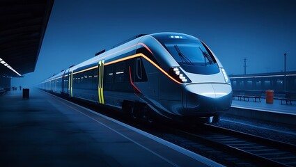 Naklejka premium Modern High-Speed Train at a Futuristic Station at Night