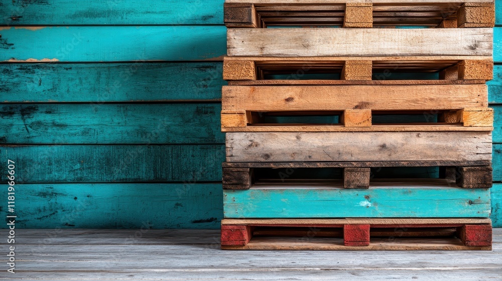 Poster these rustic wooden pallets are stacked against a textured turquoise wall, creating a visually appea