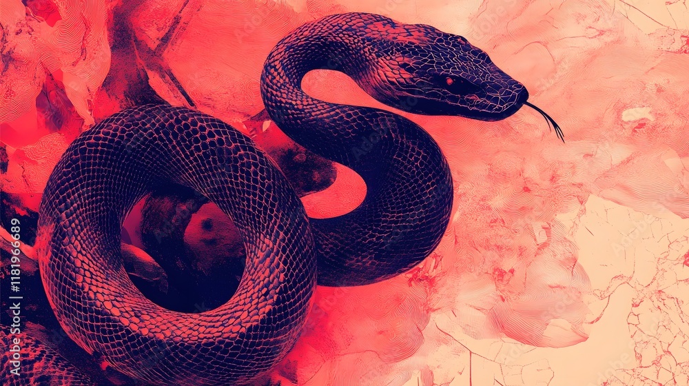 Poster vibrant gradient snake blending seamlessly with a red cultural background showcasing ornamental patt