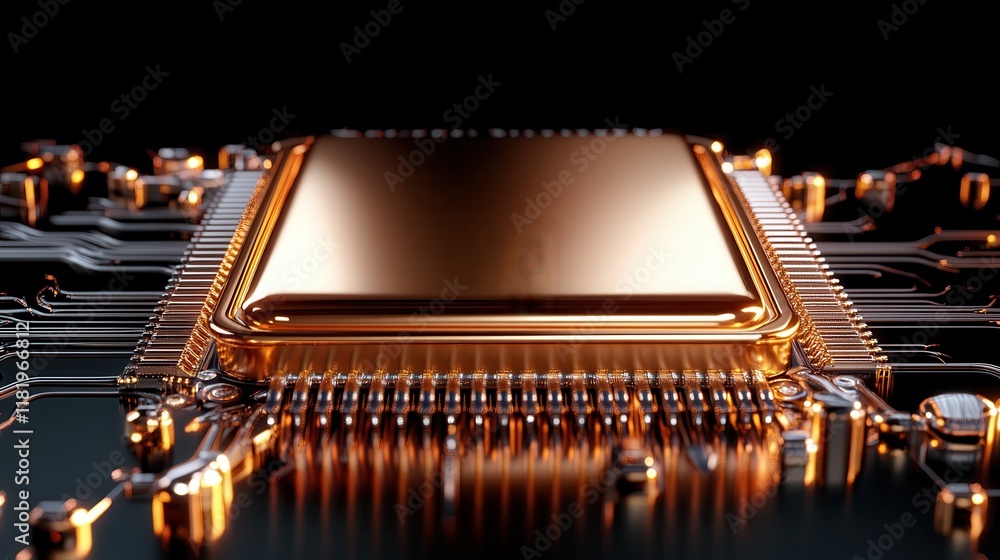 Poster a striking close-up reveals a golden microchip surrounded by intricate circuitry, showcasing advance