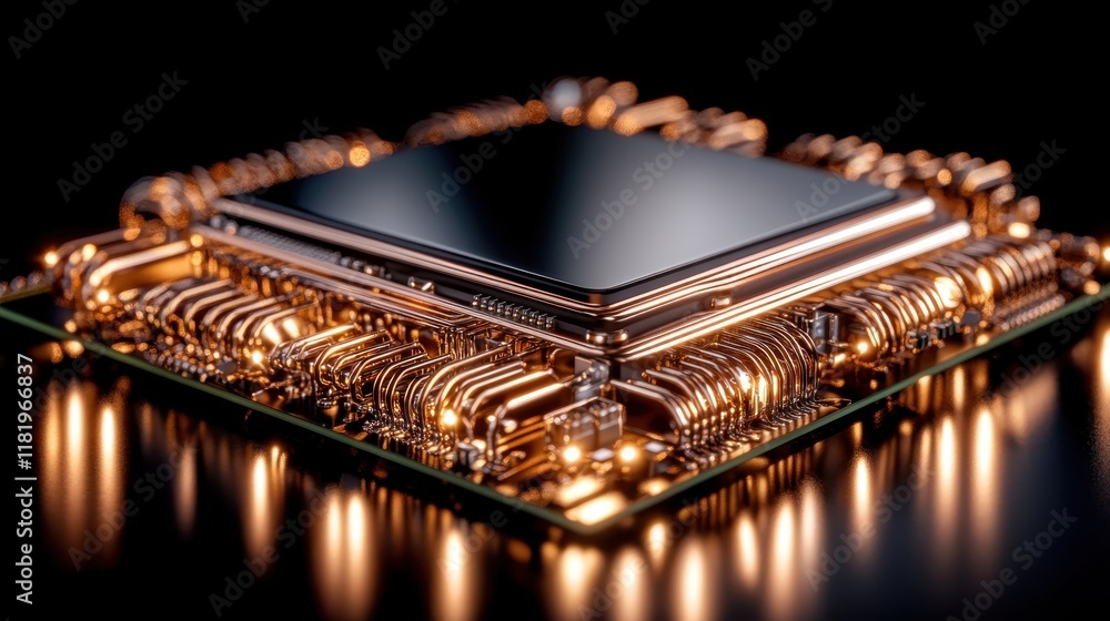 Poster this is a close-up of a beautifully designed microprocessor with intricate details featuring a gleam