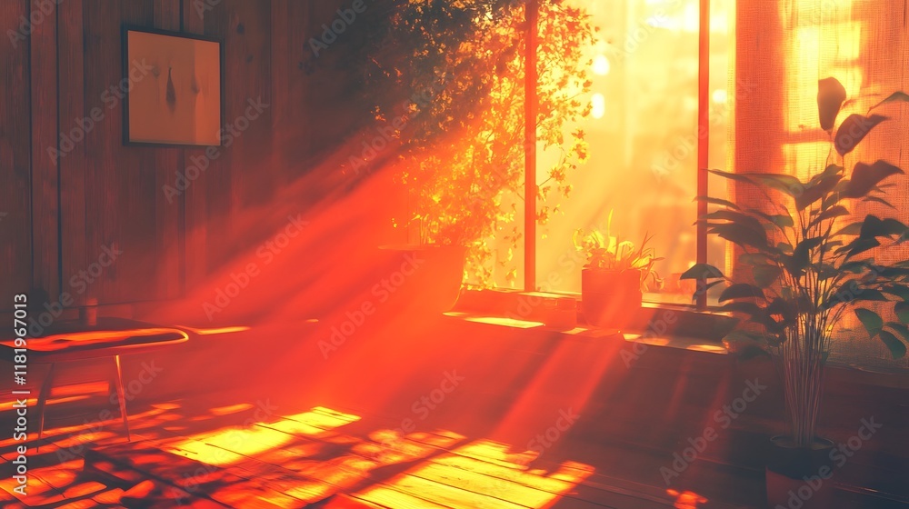 Poster warm glowing sunlight rays softly streaming through a window blending cinematic tones with color gra