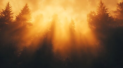 Fototapeta premium flare streaks glowing softly blending cinematic gradients with warm hazy tones and grain creating a captivating and ethereal atmosphere in a pine forest landscape