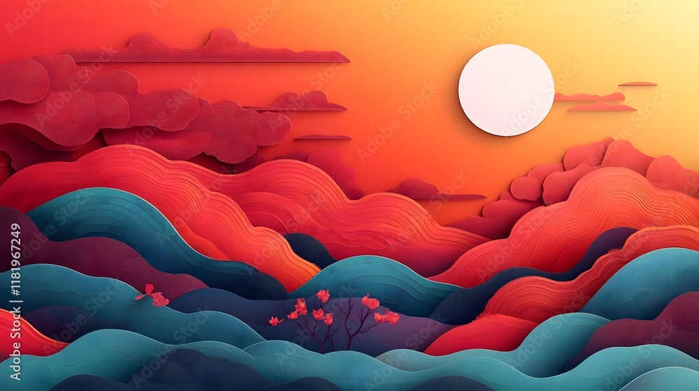 Poster striking digital featuring a vibrant gradient landscape with a glowing moon ornamental patterns and 