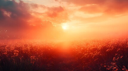 Fototapeta premium Striking cinematic sunset scene with a warm glowing haze over a serene meadow landscape Soft textural gradients blend seamlessly creating a atmosphere