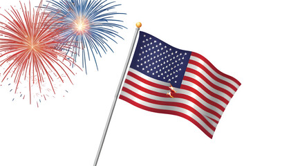 Celebrating the Fourth of July with the USA flag and colorful fireworks on a clean white canvas.  
