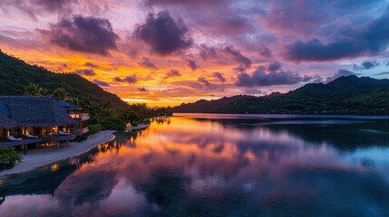 Tropical sunset reflection calm waters scenic landscape serene environment aesthetic viewpoint nature's beauty