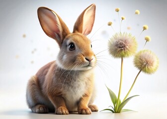 Obraz premium Playful 3D Rabbit with Floppy Ears and Dandelion - Whimsical Low Light Stock Photo