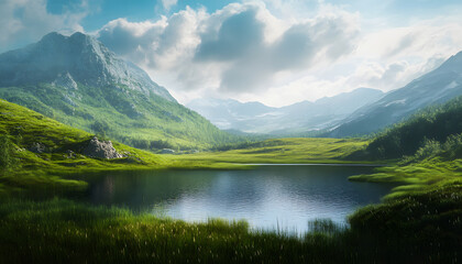Serene Mountain Lake Landscape With Lush Green Meadows