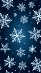 A seamless snowflake pattern with intricate designs and frosty textures. Symmetrical flakes vary in size over a gradient winter sky background, exuding a serene and magical icy charm.