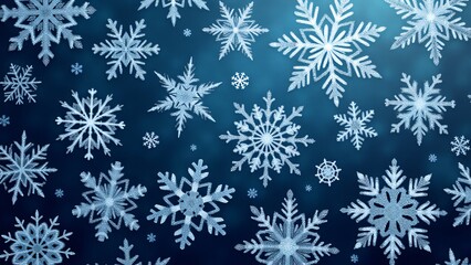 A seamless snowflake pattern with intricate designs and frosty textures. Symmetrical flakes vary in size over a gradient winter sky background, exuding a serene and magical icy charm.