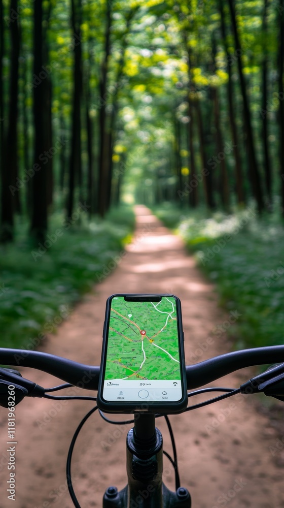 Poster smartphone displaying gps map mounted on bicycle handlebar, guiding cyclist along a tranquil forest 