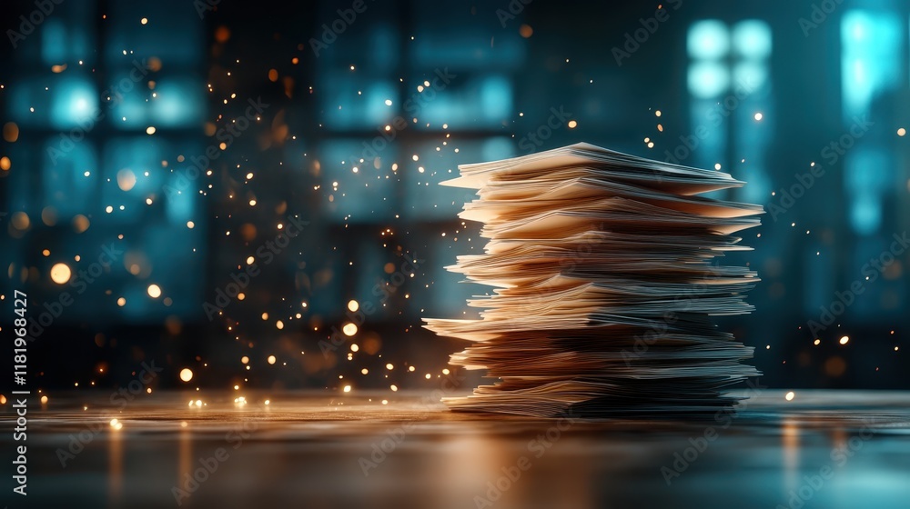 Poster this captivating image showcases a dramatic stack of papers radiating light and surrounded by sparkl