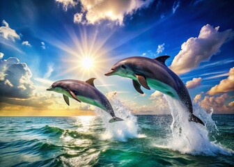 Fototapeta premium Playful Dolphins Leaping: Ocean Joy & Energy - Support Marine Conservation