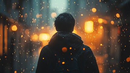 Naklejka premium A lone silhouetted figure standing in the rain soaked streets of a city surrounded by a hazy glowing atmosphere created by warm overlay effects and cinematic textures