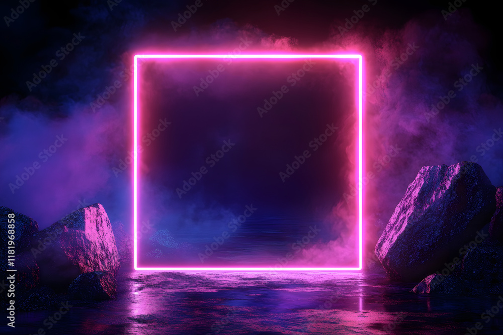 Poster empty neon rectangle frame with shining effect on dark background with copy space. black friday, cyb
