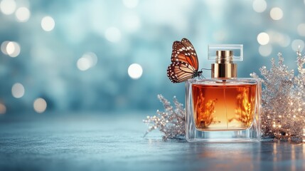A stunning perfume bottle adorned with a beautiful butterfly captures the essence of luxury and elegance, set against a dreamy, softly lit background of bokeh.