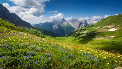 Fototapeta premium Alpine Meadow Landscape Wildflowers Mountains Summer Scenery