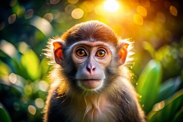 Fototapeta premium Playful Monkey in Lush Green Bokeh Background - Adorable Primate Portrait