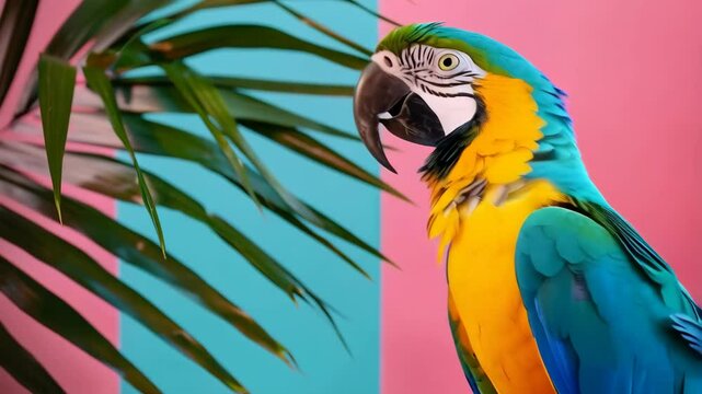 parrot with palm leaf over colorful background