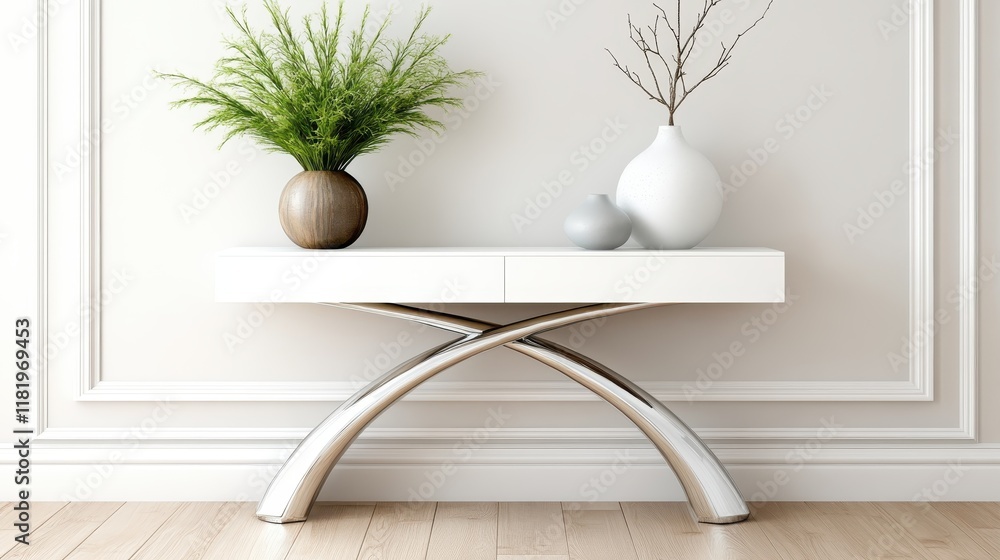 Poster a stylish console table featuring a combination of greenery and decorative items, showcasing a blend