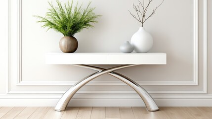 A stylish console table featuring a combination of greenery and decorative items, showcasing a blend of modern aesthetics and natural elements within a refined setting.