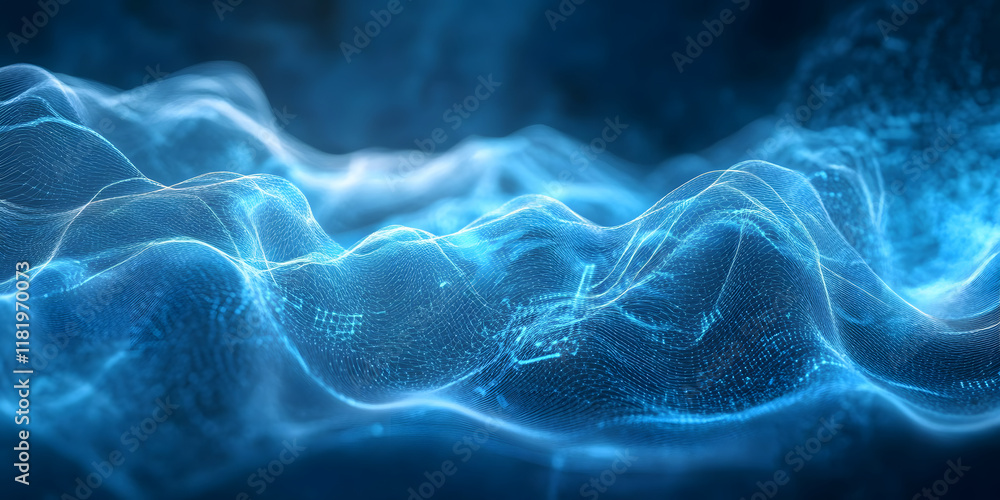 Aufkleber abstract blue tech background with digital waves, dynamic network system, artificial neural connecti