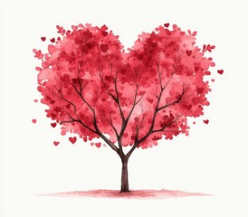 Fototapeta premium A beautiful red heart-shaped tree with branches filled with blossoms and leaves representing love and nature in different seasons.