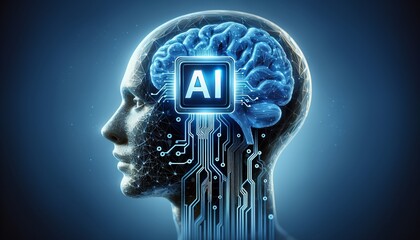 A digital illustration of a human head with an exposed brain and AI chip, representing artificial intelligence and technology.