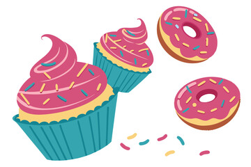 Colorful cupcakes, vibrant pink frosting, blue cupcake wrapper, sprinkles, whimsical dessert, floating pastries, high-contrast, white background, delicious treats, photorealistic, 3D rendering, glossy
